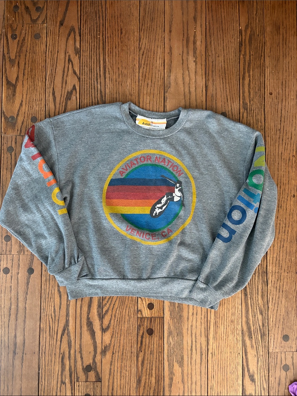 Aviator Nation Gray Crewneck Sweatshirt with Rainbow Logo and Sleeve Script